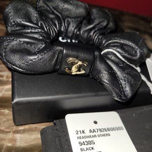 Chanel hair scrunchie quilted leather CC logo Italy bracelet